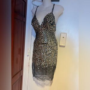 Sequence short prom dress evening event dress sequin beaded lace see thru dress
